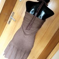Кафява къса рокля бюстие с връзки С/М, снимка 3 - Рокли - 32859450