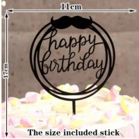 Happy Birthday Мустак мустаци черен пластмасов кръгъл топер табела украса за торта декор рожден ден, снимка 1 - Други - 33098959
