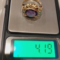 Златен пръстен с аметист и два брилянта-злато 14к., снимка 10 - Пръстени - 43553709