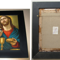 110-годишна немска олеография хромолитография Христос, в дървена рамка 43/53 см, отлична, снимка 6 - Картини - 44857619