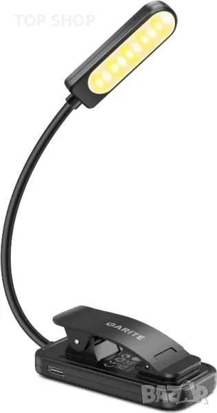 Лампа за книга GARITE, 10 LED димируема лампа за четене с щипка за книга, батерия с дълъг живот, аку, снимка 1