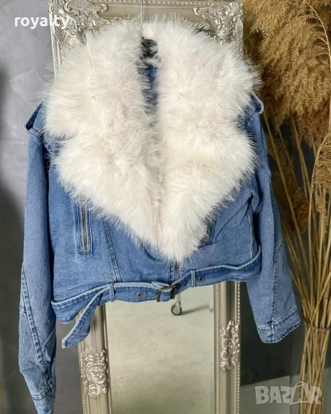 Дънково яке с бяла пухена яка, снимка 1