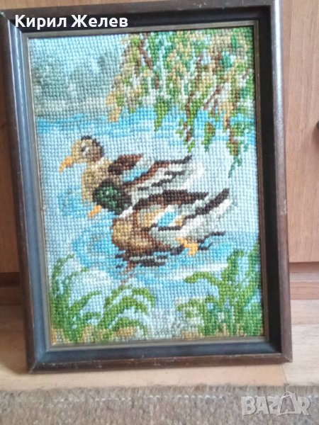 СТАР ГОБЛЕН ПАТИЦИ в ЕЗЕРО ЛЕТЕН ПАСТОРАЛЕН ПЕЙЗАЖ в ДЪРВЕНА РАМКА 30917, снимка 1