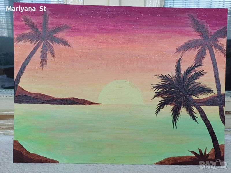 Картина палми залез акварел, снимка 1