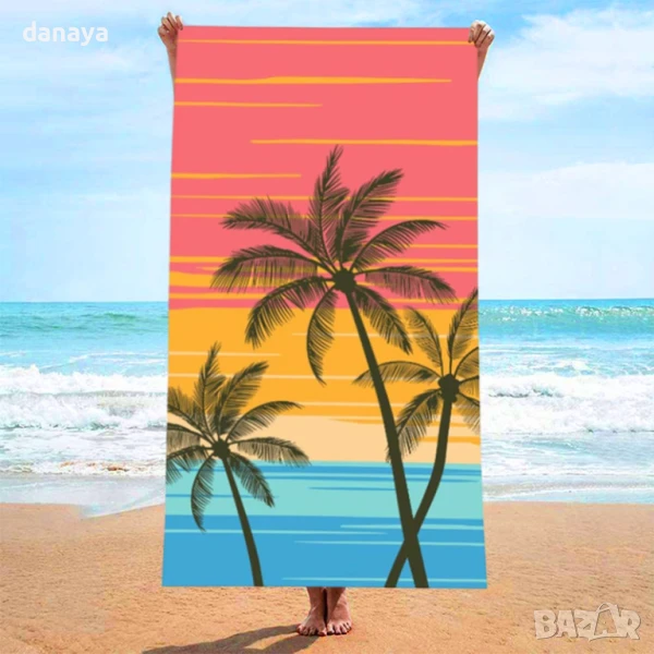 6031 Голяма плажна кърпа Палми с розов залез, 180x100cm, снимка 1