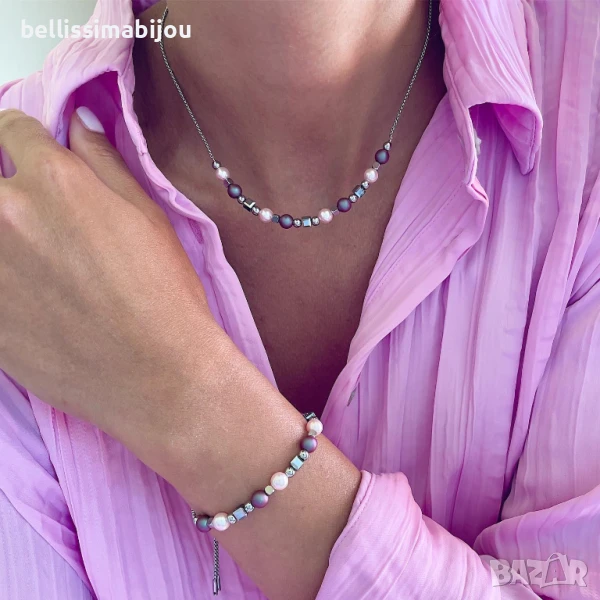 Комплект Колие и Гривна с Кристали и Перли Swarovski, снимка 1