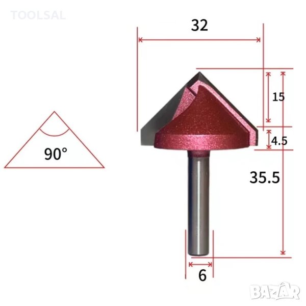 Фрезер V- канал 90 градуса Ø32x19.5mm, опашка Ø6mm,2f, снимка 1