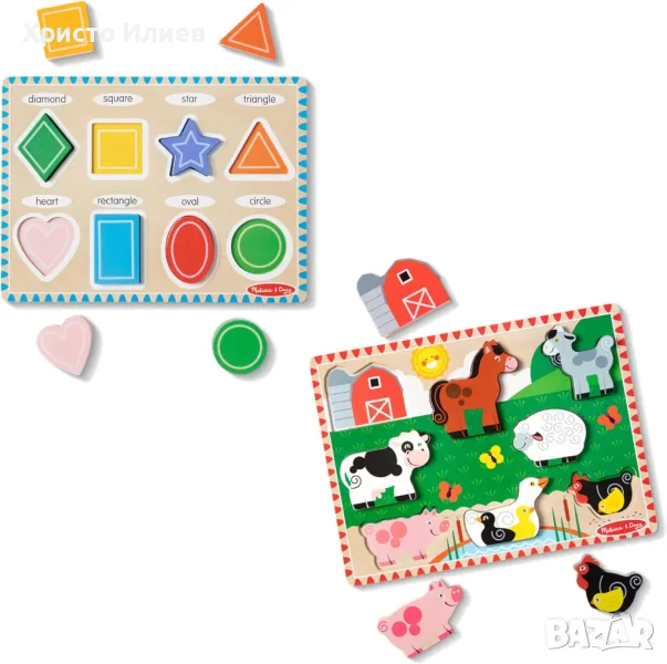 Детски пъзел 8 части Селскостопански животни Геометрични фигури 2бр Melissa & Doug, снимка 1