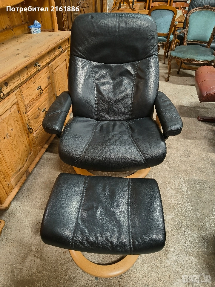 Relax кресло с отоманка от естествена кожа , снимка 1