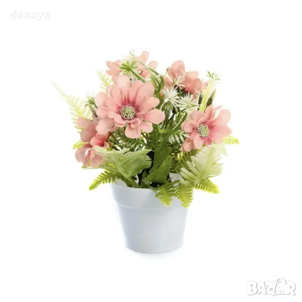 5915 Изкуствени маргаритки в бяла саксия, 17 см, снимка 1