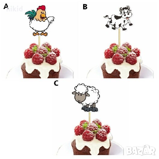 10 бр Домашни животни крава кокошка овца топери клечки за мъфини кексчета парти декор , снимка 1
