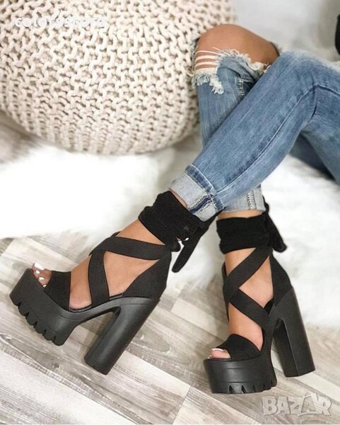 Сандали на ток - черен велур - 5090, снимка 1