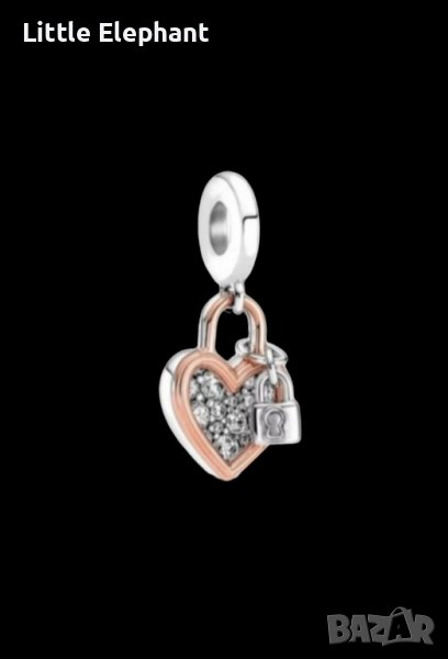 Сребърен висящ елемент Пандора,сърце-катинар с ключ Пандора,"Влюбени",Rose Gold/нов, снимка 1