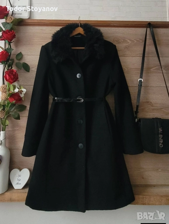 Черно палто с пухкава яка, снимка 1