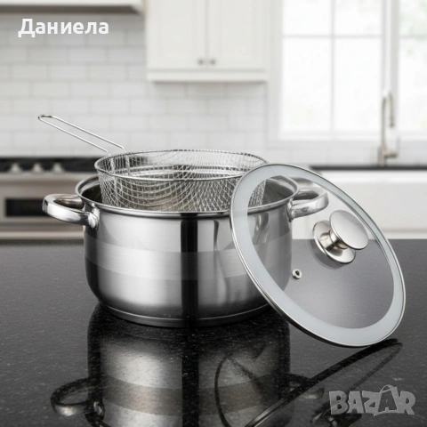 Тенджера с кошница за пържене и стъклен капак Cheffinger Ø24 см – инокс, 6,5 л, за всички котлони, снимка 5 - Съдове за готвене - 53180940