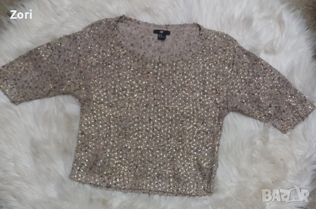 Кроп-топ от рехаво плетиво букле в бежово-кафяво-златисти цветове, снимка 1