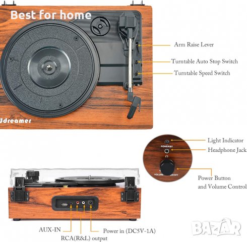 Грамофон с винилови грамофонни плочи1, блуут и запис Udreamer UD001-Y, снимка 6 - Грамофони - 37387693