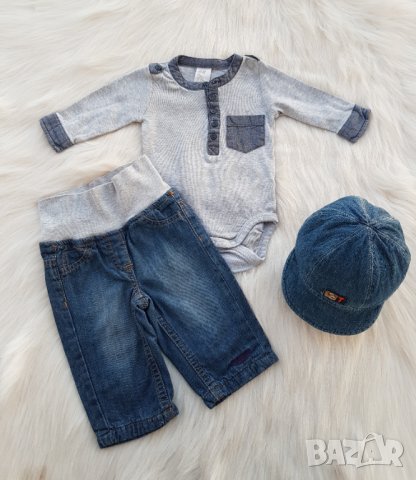 Дънки Tom Tailor и боди риза H&M и дънкова шапка за бебе 0-3 месеца, снимка 1
