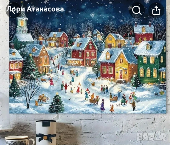 Зимна Селска Сцена -Модерен Ретро Х Декор за Стена с Червени и Бели Къщи