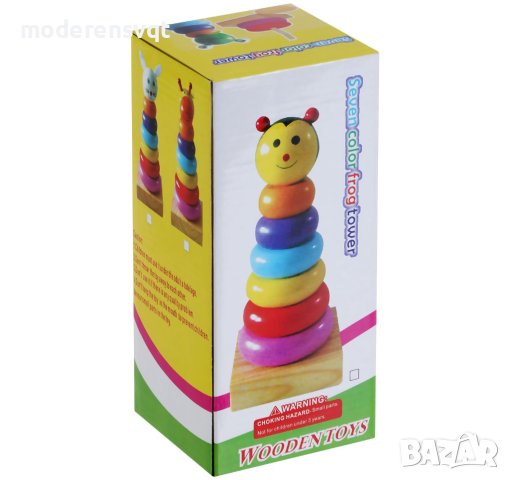 Дървена кула с рингове за нанизване тип сортер, снимка 2 - Образователни игри - 43525182