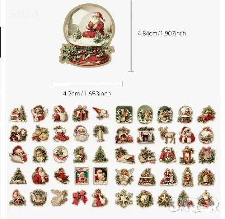 50 бр Ретро Дядо Коледа Коледни самозалепващи лепенки стикери за украса декор картонена торта ръчна 