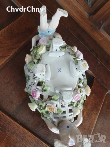 Meissen фигурална ажурна фруктиера 32см/стара Майсен порцеланова жардениера с херувими, снимка 13 - Антикварни и старинни предмети - 50629216