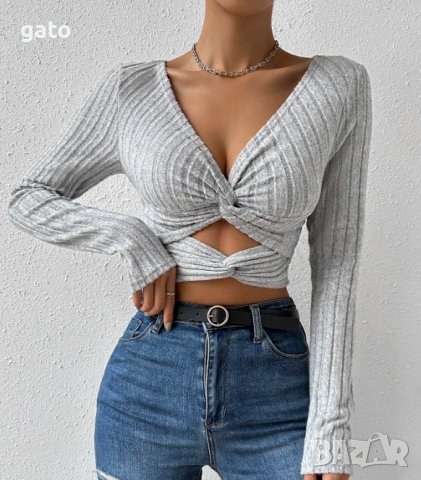 Сива къса преплетена блузка, снимка 2 - Блузи с дълъг ръкав и пуловери - 43089726