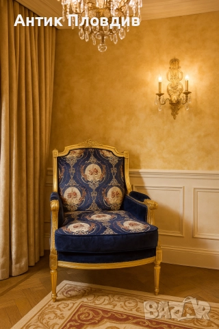 Класическо кресло с позлатена рамка и кралскосиня дамаска, снимка 2 - Дивани и мека мебел - 49648928