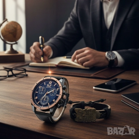 Мъжки часовник S&T Seek Time с кожена гривна – подаръчен комплект, снимка 7 - Бижутерийни комплекти - 51947415