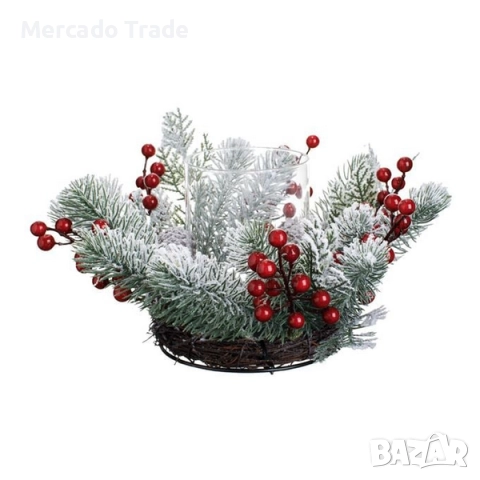 Коледен венец с поставка за свещ Mercado Trade, Метал, Борови клонки, Бели, снимка 2 - Декорация за дома - 52215664
