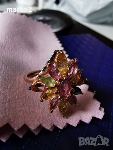 Елегантен Сребърен 925 Пръстен с позлата и натурални Турмалини!, снимка 8 - Пръстени - 40435935