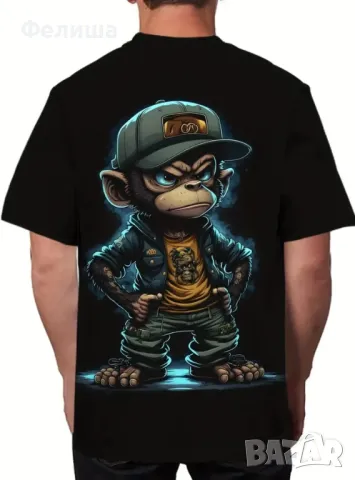 Черна Лятна Мъжка Тениска Къс Ръкав с Арт Принт Маймуна Размер XXL, снимка 2 - Тениски - 50308947