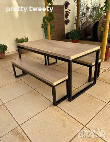 Градински комплект от метал и дърво - маса с две пейки, снимка 6 - Градински мебели, декорация  - 49684646