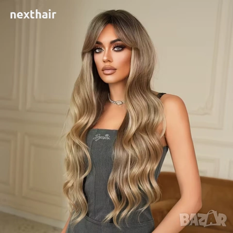 Руса омбре перука с тъмни корени и бретон - 80 см дължина, обем и вълни