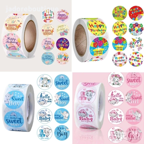 Кръгли лепенки стикери happy birthday/ baby boy girl shower различни видове - 100 бр /к-кт 