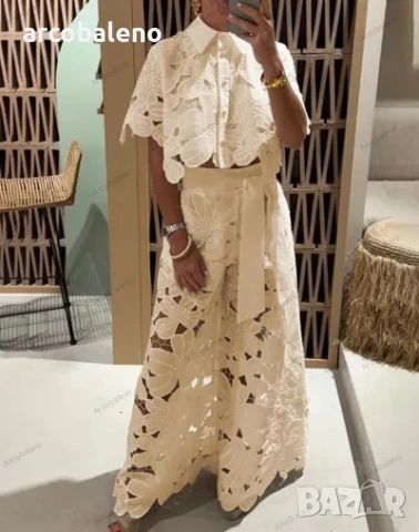 Ликвидация! Дамски едноцветен секси комплект с широки крачоли от две части - Доставка 24 часа 