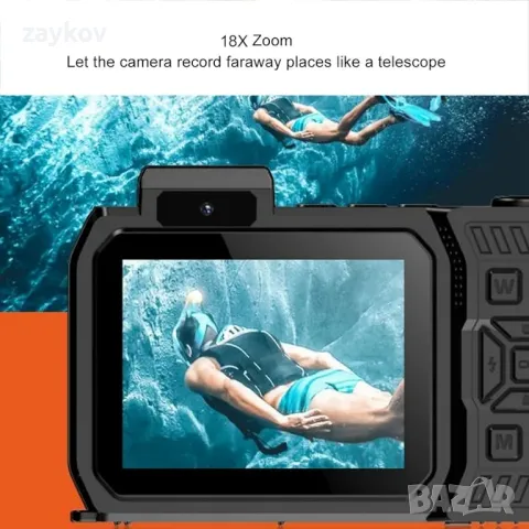 4K подводна камера, 65MP 33FT Водоустойчива цифрова камера Автофокус Двоен екран, снимка 5 - Камери - 49817043