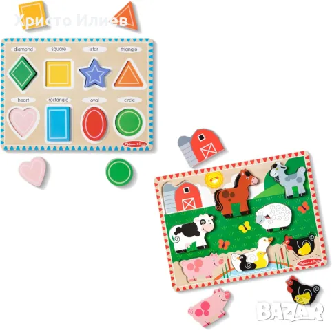 Детски пъзел 8 части Селскостопански животни Геометрични фигури 2бр Melissa & Doug