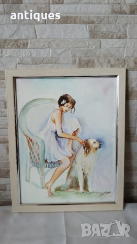 Картина "Момиче с куче" - акварел върху картон - рамкирана, снимка 2 - Картини - 35141816