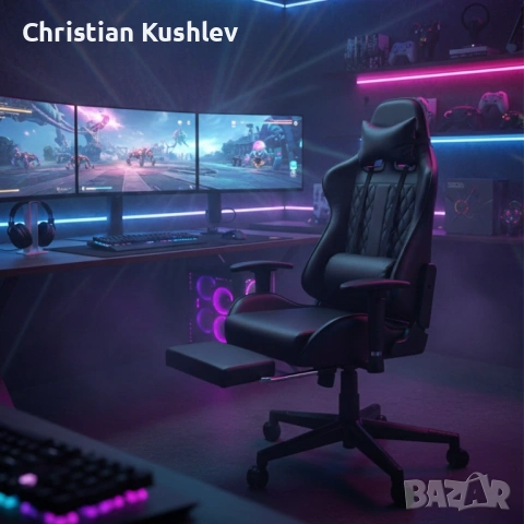 Геймърски стол с прибираща се подложка за крака и функция за масаж - черен, снимка 4 - Столове - 53275414