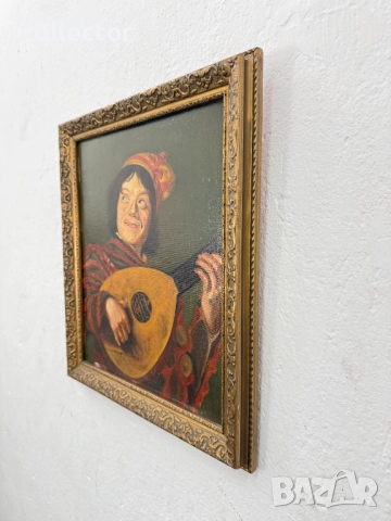 Стара маслена картина - "Шутът с лютня". №7778, снимка 7 - Антикварни и старинни предмети - 52876429