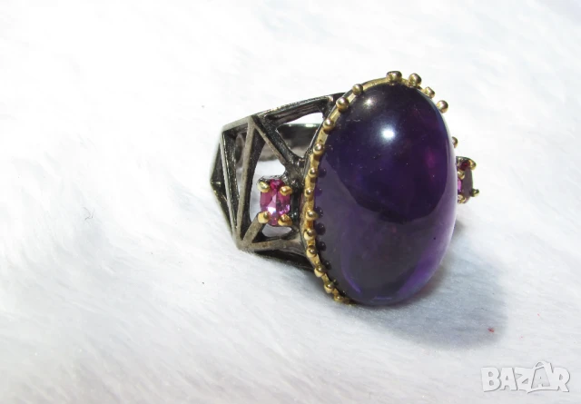 925 голям себърен пръстен с 28 карата аметист, снимка 2 - Пръстени - 50908881