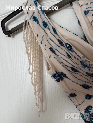 Дамска официална рокля Kalinnu - бежова с тюркоазени пайети. Размер S, снимка 4 - Рокли - 52401095