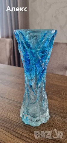 Kurt Wokan–немска ваза– кора от синьо стъкло от Ингрид Глас, 1970 г., снимка 3 - Вази - 47655680