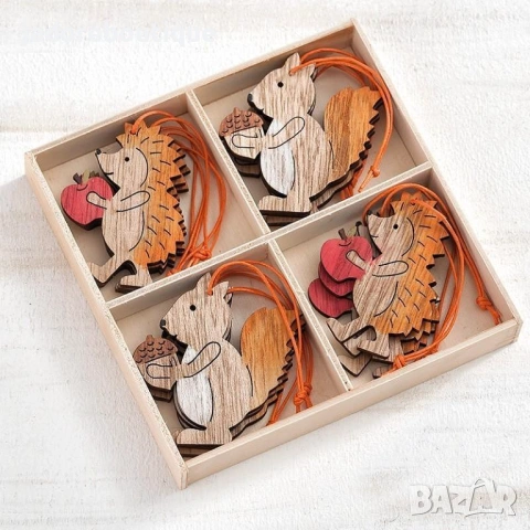 12 бр Дървени елементи за декорация Тикви/ ябълки/ таралежи/ гъби/ катерички , снимка 3 - Други - 47326764