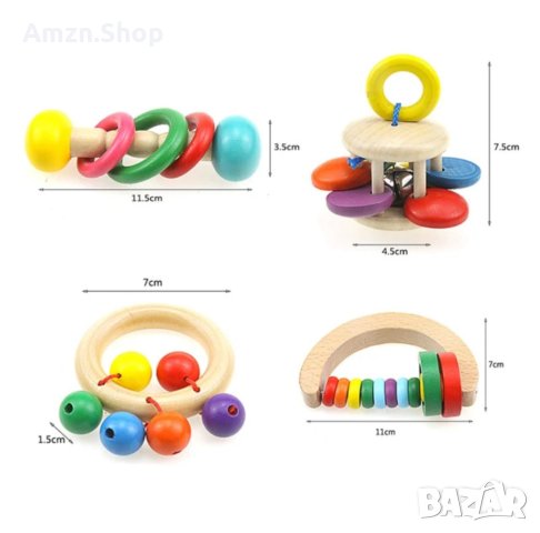 Бебешки дрънкалки , Дървени играчки монтесори 4бр комплект идеален за подарък в красива кутия, снимка 7 - Дрънкалки и чесалки - 43895168