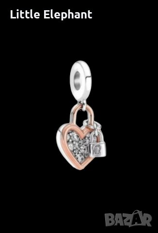 Сребърен висящ елемент Пандора,сърце-катинар с ключ Пандора,"Влюбени",Rose Gold/нов, снимка 1 - Колиета, медальони, синджири - 43118718