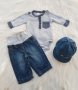 Дънки Tom Tailor и боди риза H&M и дънкова шапка за бебе 0-3 месеца, снимка 1 - Панталони и долнища за бебе - 39207843