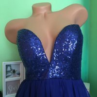 Налична Дълга синя рокля с пайети и тюл, снимка 2 - Рокли - 6272538