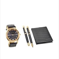 Pierre Cardin - Часовник с кожена каишка, портфейл, химикалка и молив, Черен, снимка 1 - Мъжки - 43585110